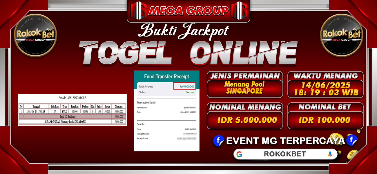 Bukti JP situs Rokokbet hari Sabtu, 14 Juni 2025